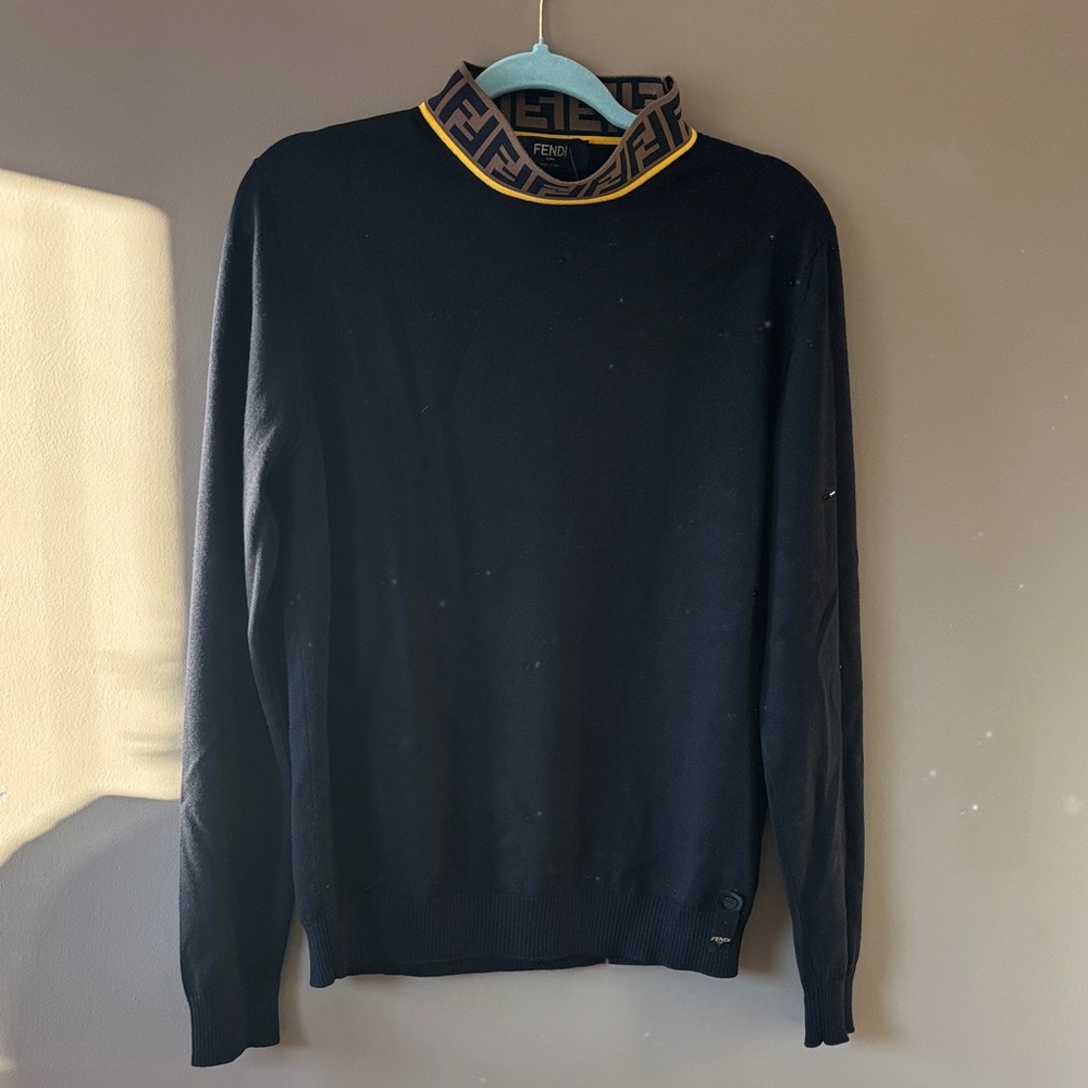 AUTHENTIC Fendi LIKE NEW Black Turtleneck Sweater with Gold Trim